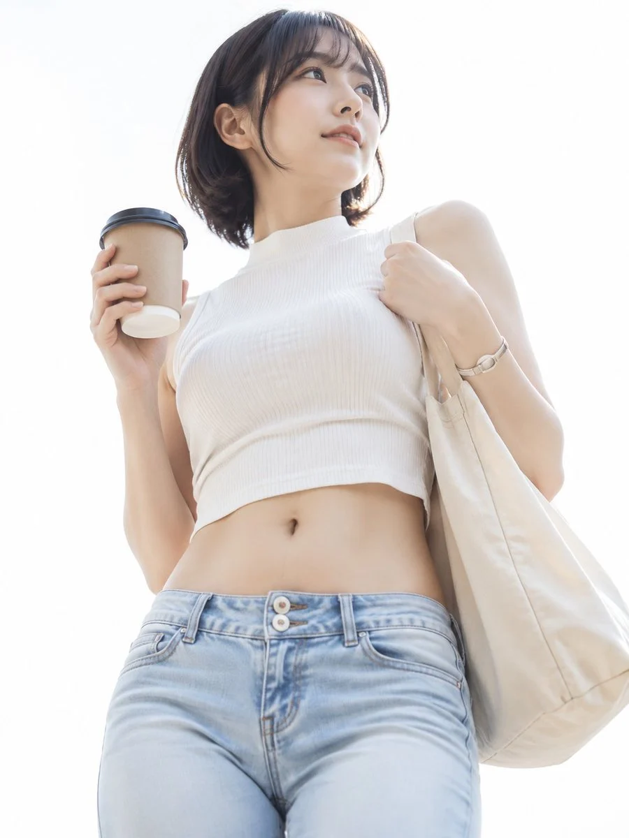 A vibrant high-key low-angle woman portrait, featuring a young woman with a bob haircut holding coffee, against a bright white background.