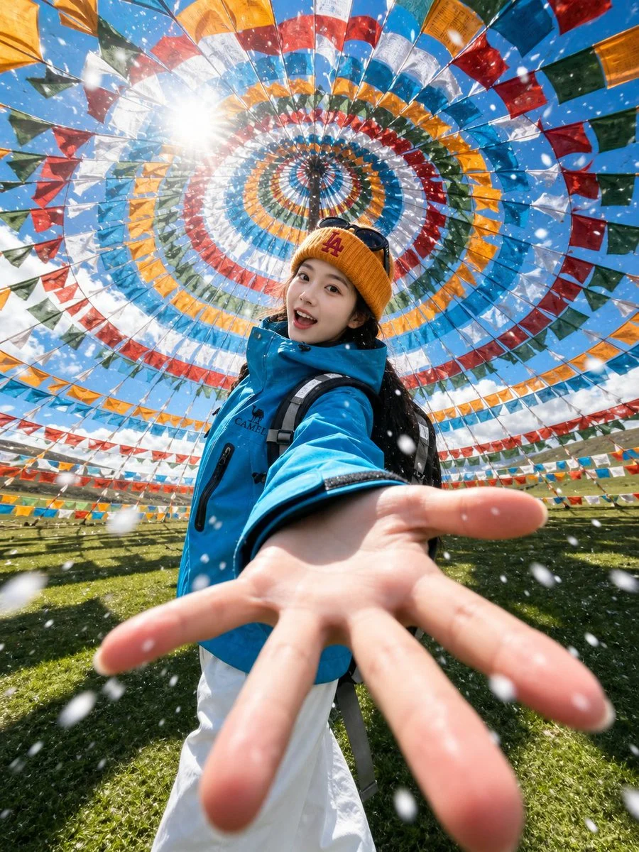 A vibrant alpine travel selfie portrait of a young woman smiling, with colorful prayer flags spiraling overhead and a majestic mountain backdrop.