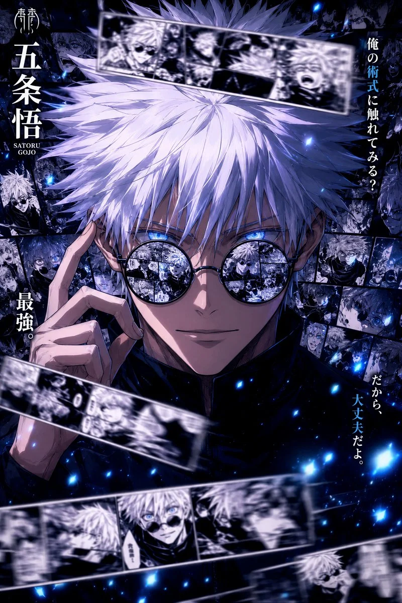 A dramatically lit anime manga character poster featuring a character with reflective glasses, surrounded by floating manga panels and a background composed of layered comic strips, showcasing intense detail and cinematic motion blur.