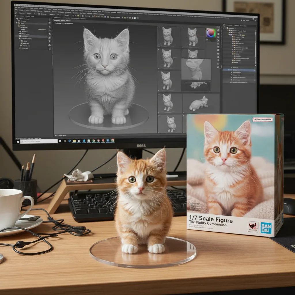 3D Figure PromptGemini Flash Image (Nano Banana) create a 1/7 scale commercialized figure of thecharacter in the illustration, in a realistic styie and environment.Place the figure on a computer desk, using a circular transparent acrylic base without any text.On the computer screen, display the ZBrush modeling process of the figure.Next to the computer screen, place a BANDAl-style toy packaging box printedwith the original artwork.Gemini Flash Image (Nano Banana)