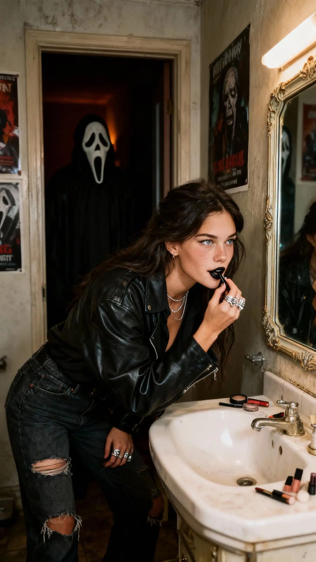 Dark Seductive AestheticGemini Flash Image (Nano Banana) Create a photo of me in a grungy style portrait of me bending over in front of a retro bathroom mirror applying black lipstick standing in a sexy pose in a black shirt with dark distressed jeans and a oversized black leather jacket. her long dark brunette hair flowing around her face. she wears delicate jewelry including dainty silver necklaces and accessories and silver chunky rings. her makeup is glamorous with dark look. the photo should have a grainy 90s style to it. There's makeup laying around her. The walls have scary movie posters. A man in a ghostface costume should be behind her staring at her, his body should be dimly lit, and he should be standing in the doorway of a dimly lit hallway. the background behind he should be slightly dark and ominous. Do not alter facial featuresGemini Flash Image (Nano Banana)