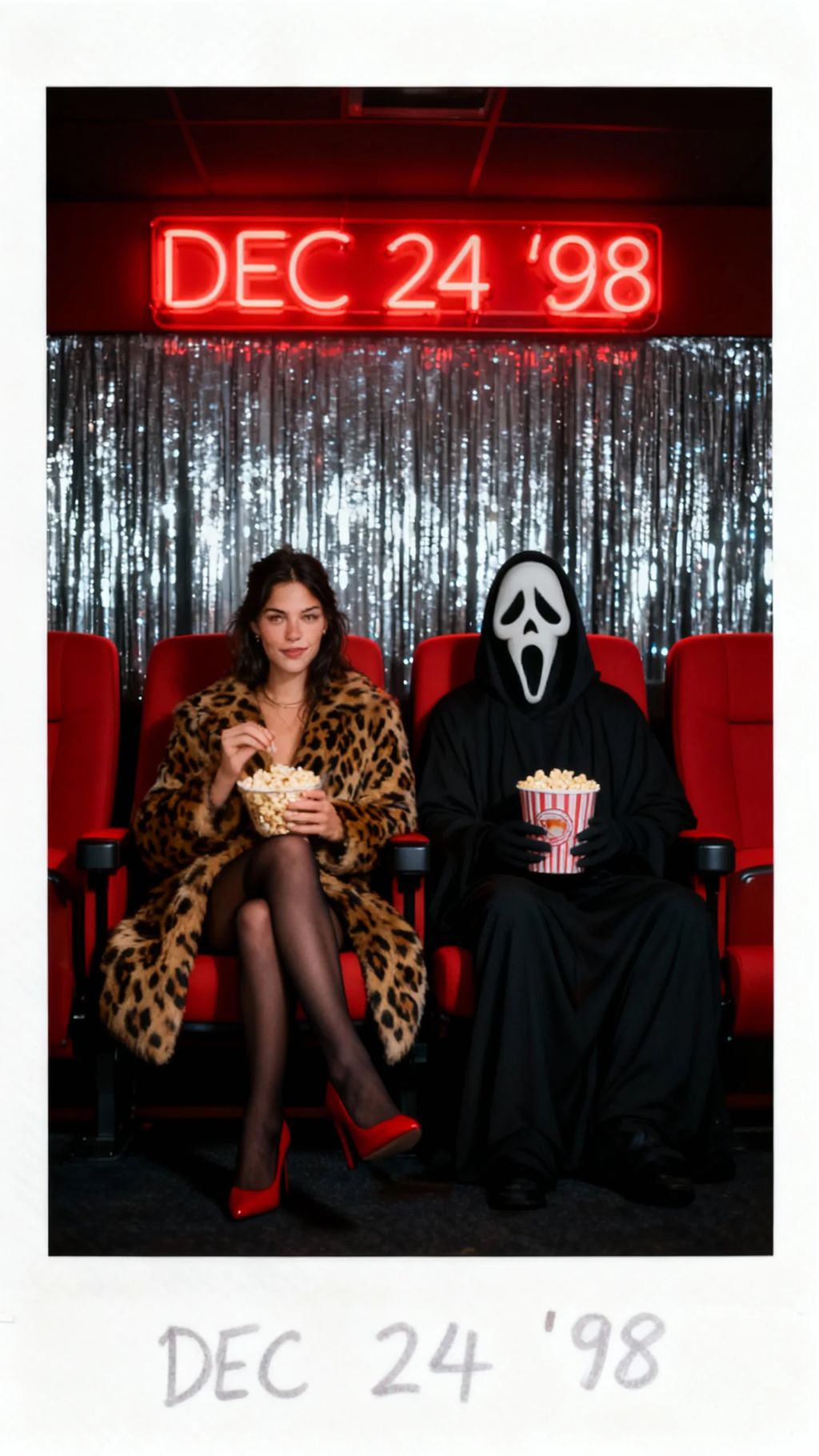 Playful Yet Creepy AtmosphereGemini Flash Image (Nano Banana) A young woman in a leopard faux fur coat, black stockings, and red heels sitting next to Ghostface in red movie theater seats, both holding popcorn. Above them, a red neon sign reads . Silver sequin curtain background. Cinematic, dark lighting. Polaroid frame with 'DEC 24 '98' dateGemini Flash Image (Nano Banana)