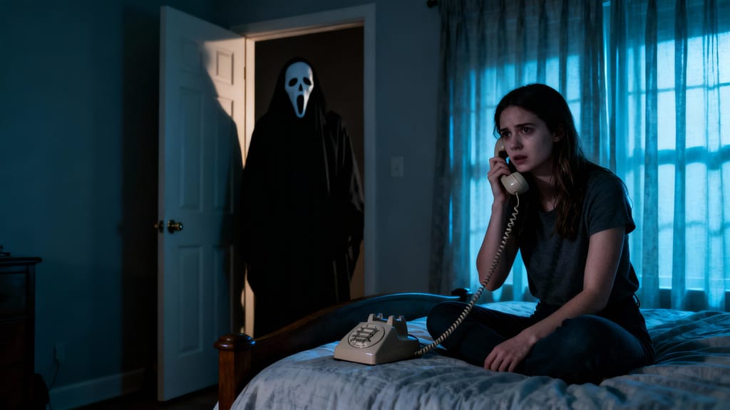 Horror Movie AtmosphereGemini Flash Image (Nano Banana) A realistic horror photo of a young woman sitting on her bed, holding a vintage landline phone, looking nervous. Behind the slightly open bedroom door stands Ghostface in his black cloak and white mask, partially hidden in the shadows. Cinematic lighting, eerie atmosphere, horror movie still.Gemini Flash Image (Nano Banana)