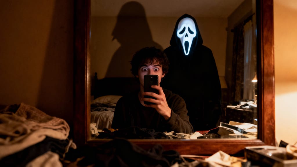 Creepy Suspense EffectGemini Flash Image (Nano Banana) A creepy photo of me taking a mirror selfie in my bedroom. In the mirror’s reflection, Ghostface is standing right behind me, face glowing in dim light. High detail, realistic shadows, horror suspense movie look.Gemini Flash Image (Nano Banana)