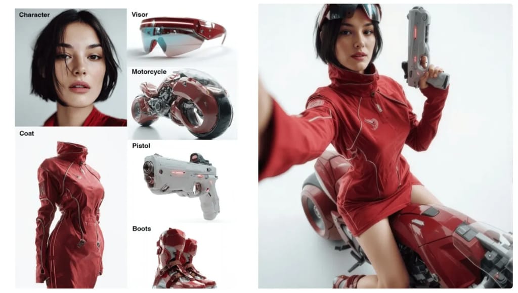 Futuristic Motorcycle SelfieGemini Flash Image (Nano Banana) Generate a dynamic selfie-style shot of a futuristic female model sitting on a sleek red futuristic motorcycle. Camera angle is close, slightly from above, as if she is holding the camera herself with one hand extended forward. She wears the identical red high-tech space.Gemini Flash Image (Nano Banana)
