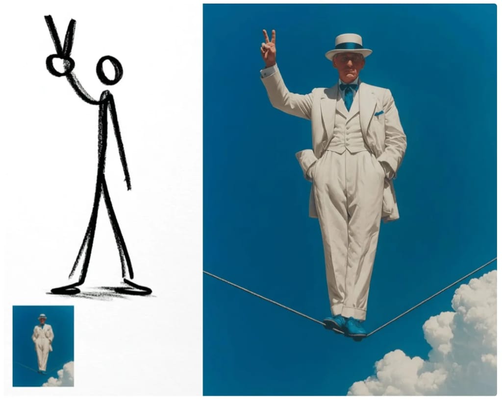 Pose TransferGemini Flash Image (Nano Banana) Make the character from Image 2 perform the exact same pose as the stick figure in Image 1. Keep the same cinematic background from Image 2.Gemini Flash Image (Nano Banana)