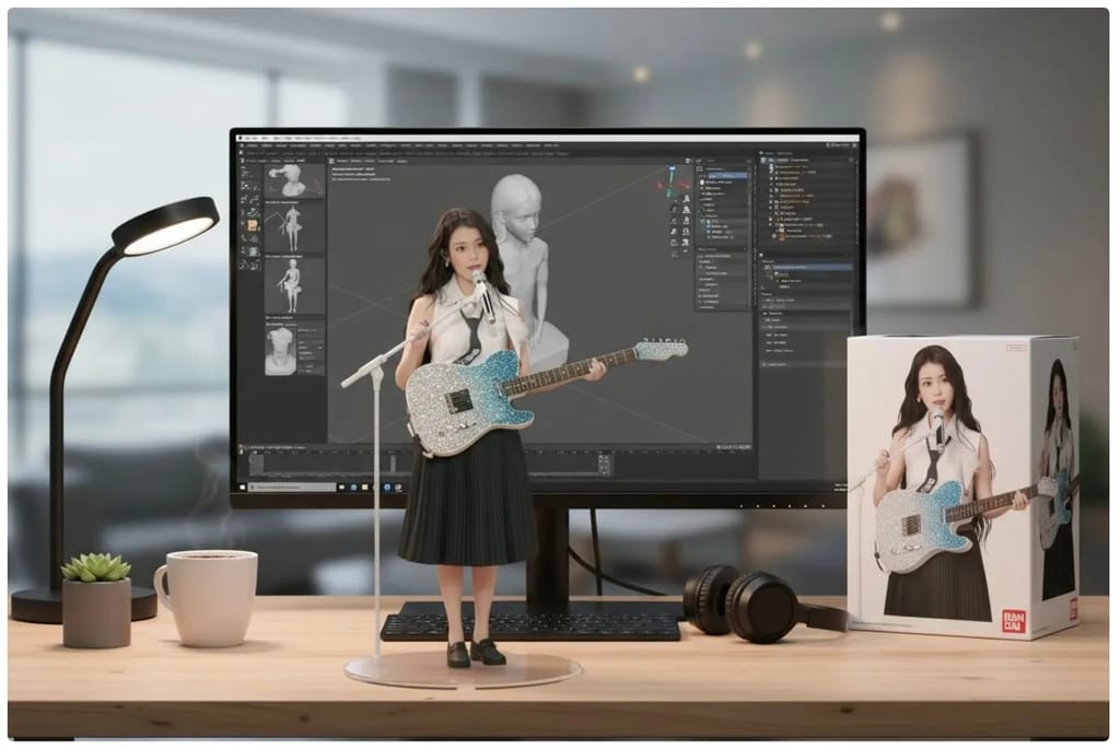 3D Figurine CreationGemini Flash Image (Nano Banana) Using the nano-banana model, a commercial 1/7 scale figurine of the character in the picture was created, depicting a realistic style and a realistic environment. The figurine is placed on a computer desk with a round transparent acrylic base. There is no text on the base. The computer screen shows the Zbrush modeling process of the figurine. Next to the computer screen is a BANDAI-style toy box with the original painting printed on it.Gemini Flash Image (Nano Banana)