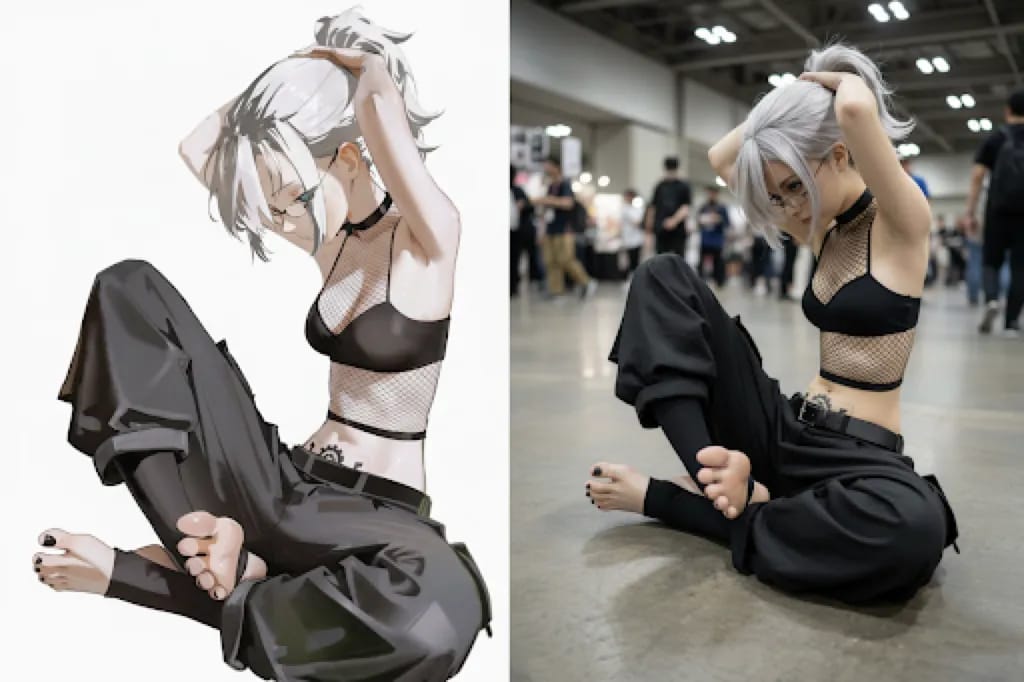 Illustration to CosplayGemini Flash Image (Nano Banana) Generate a highly detailed photo of a girl cosplaying this illustration, at Comiket. Exactly replicate the same pose, body posture, hand gestures, facial expression, and camera framing as in the original illustration. Keep the same angle, perspective, and composition, without any deviation.Gemini Flash Image (Nano Banana)