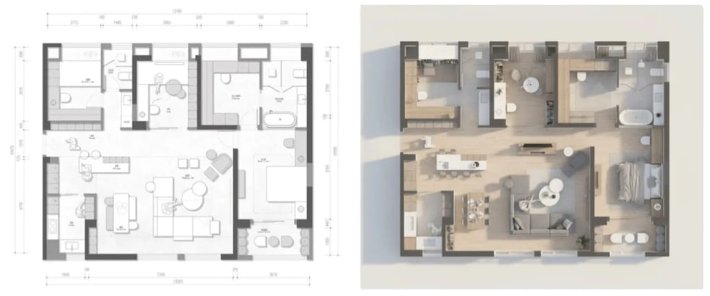 Floor Plan to 3D RenderingGemini Flash Image (Nano Banana) Help me convert this residential floor plan into an isometric photorealistic 3D rendering of the house.Gemini Flash Image (Nano Banana)