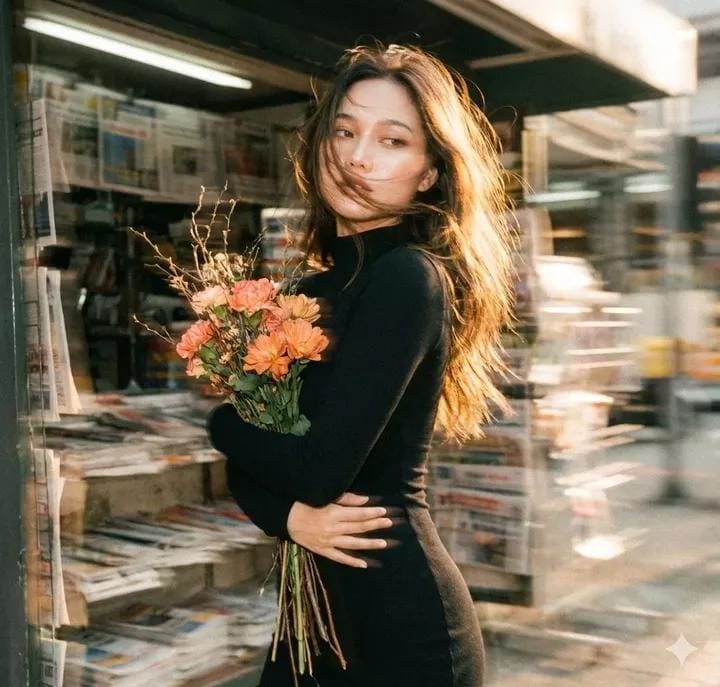 A striking vintage motion blur woman portrait, featuring a woman in a black dress with glowing hair, set against a newsstand with withered flowers, exhibiting film grain and soft focus.