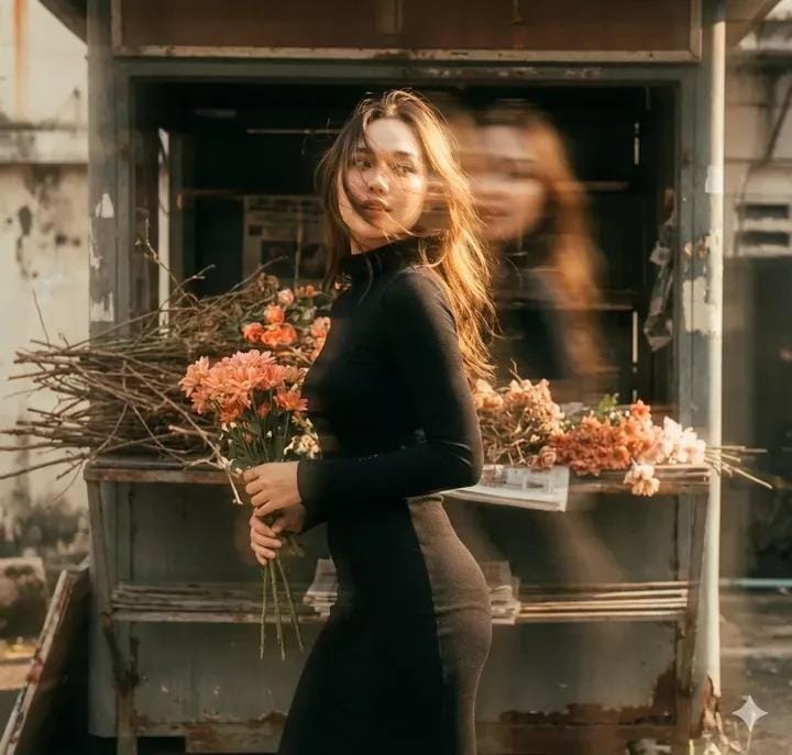 A striking vintage motion blur woman portrait, featuring a woman in a black dress with glowing hair, set against a newsstand with withered flowers, exhibiting film grain and soft focus. - Variant 2