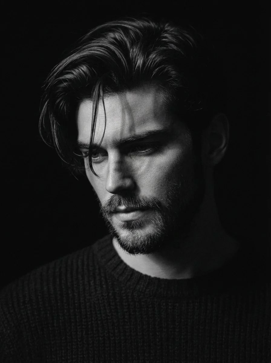 A dramatic black and white portrait of a man with messy hair and a beard, looking downward, with a single beam of light highlighting his face and deep shadows surrounding him.