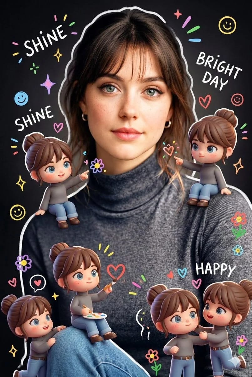 A hyper-realistic photo of a person surrounded by playful 3D chibi miniatures of themselves, adorned with vibrant hand-drawn doodle effects like sparkles, hearts, and text, illustrating a chibi miniature doodle photo.