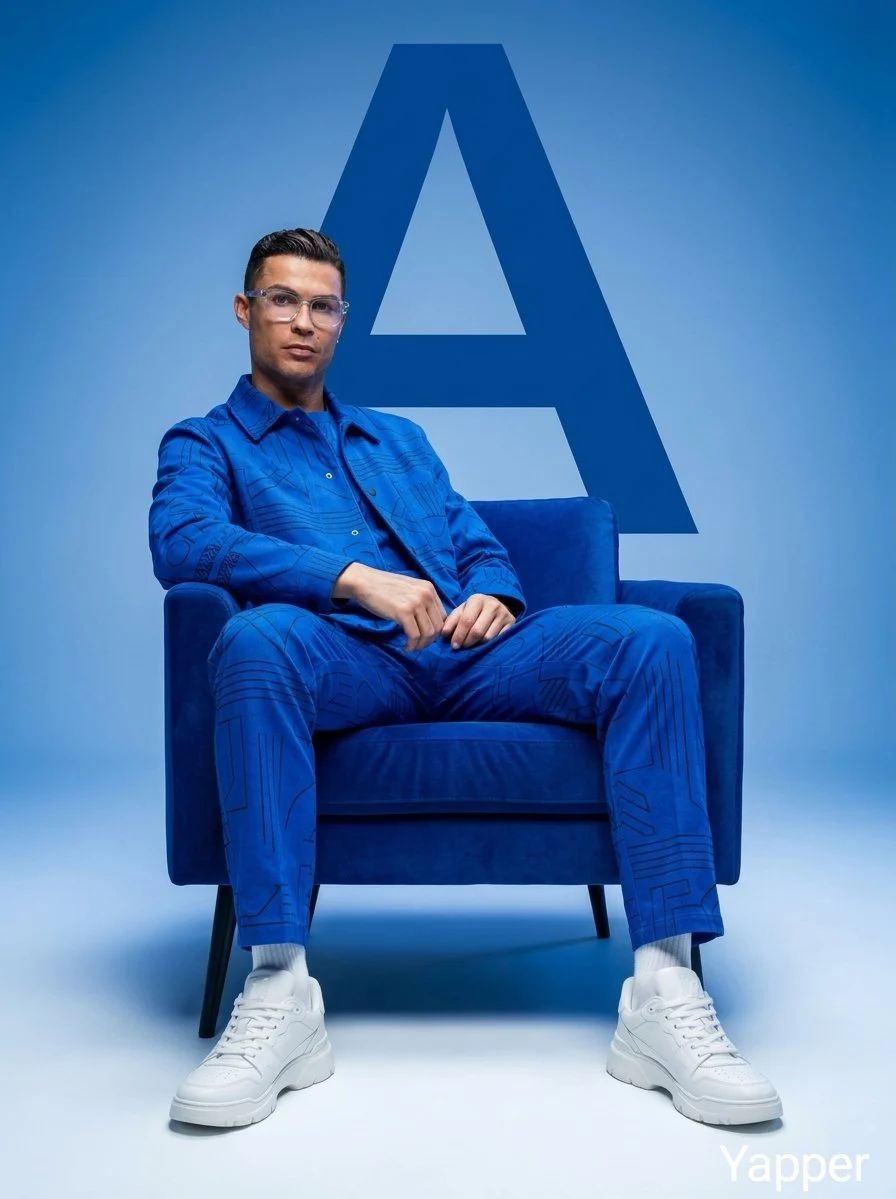 A striking minimalist fashion studio portrait featuring a person in a bold cobalt blue tailored suit, white sneakers, and clear glasses, sitting confidently against a clean blue background with a geometric 'A'.