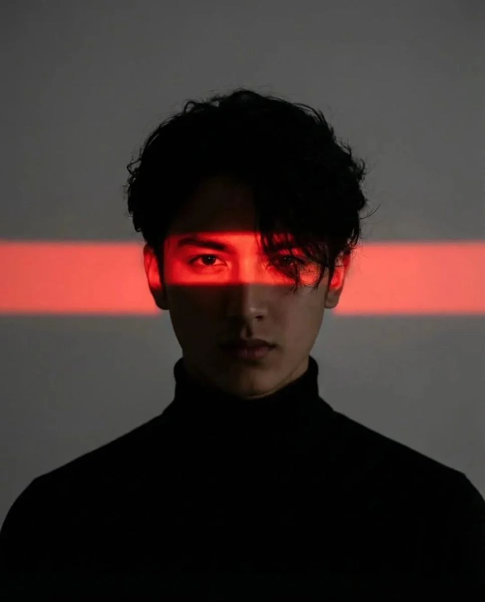 A striking AI-generated portrait of a young man with messy hair, wearing a black turtleneck, with a horizontal red neon light strip across his eyes, set against a dark, moody cyberpunk background, showcasing dramatic low-key lighting and strong shadows, captured with a shallow depth of field.