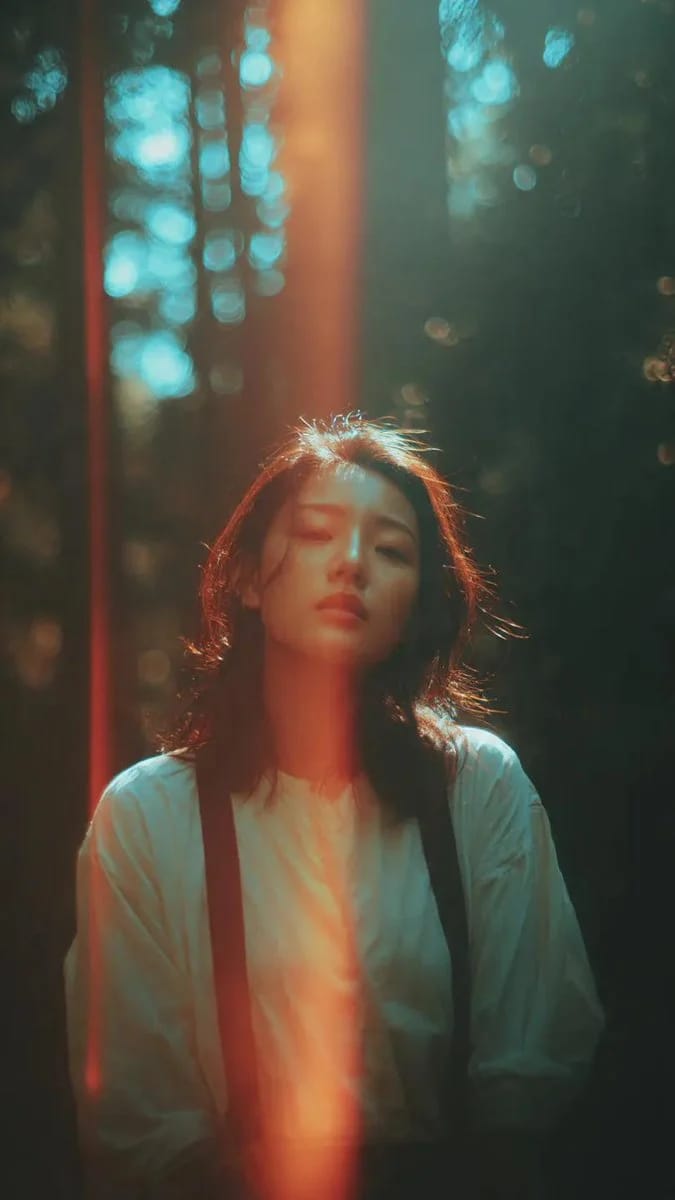 A captivating cinematic forest woman film portrait featuring an Asian woman in a sun-dappled forest, with soft light, film grain, and a teal-and-orange color grade.