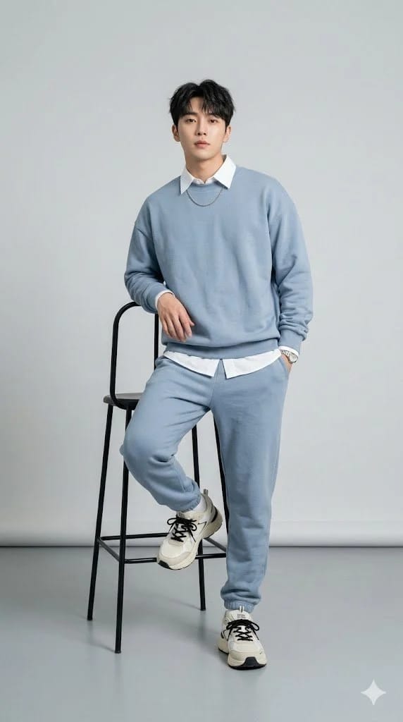 A stylish young East Asian man in a light blue oversized sweatshirt and joggers, leaning against a black barstool in a minimalist studio, embodying a Korean fashion studio man portrait aesthetic.