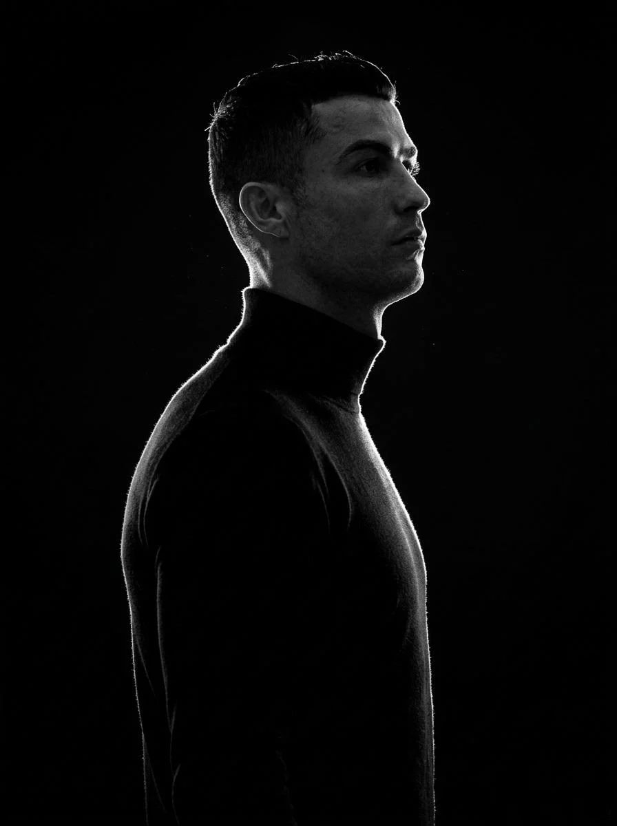 AI-generated black and white cinematic couple portrait in strict side profile, with dramatic rim lighting against a pure black background.