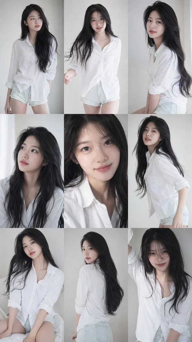 A 3x3 grid of nine consistent portraits of a young Korean female idol in a photobook style, featuring various natural poses and expressions against a minimalist background.