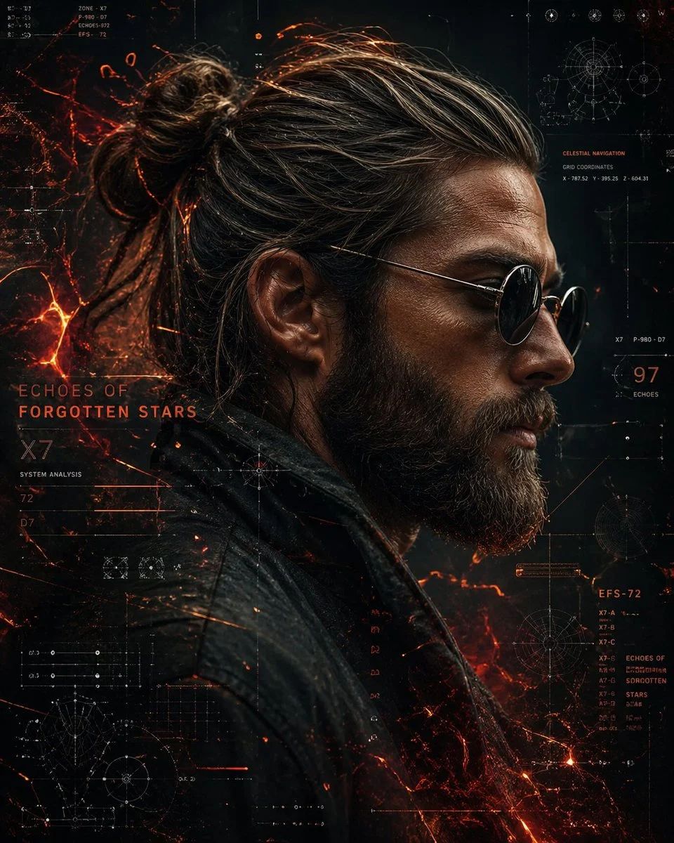 A dramatic AI-generated side-profile portrait of a rugged man in a leather jacket and sunglasses, set against a futuristic cyberpunk sci-fi interface with glowing data streams and fiery particles.