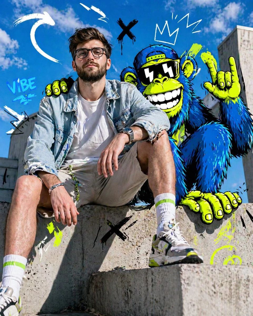 A fashion model posing with a vibrant, exaggerated cartoon animal in a surreal fashion editorial style, featuring graphic overlays and an urban background.