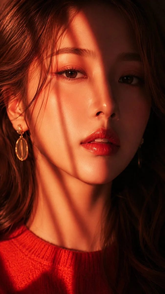 AI-generated close-up portrait of an East Asian woman with dramatic golden hour lighting filtered through venetian blinds, casting stripe shadows on her face, wearing red lipstick and a red turtleneck.
