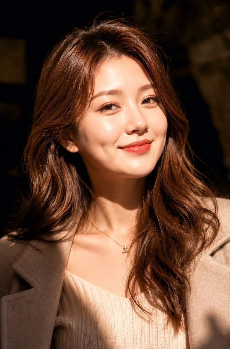 AI-generated ultra-realistic portrait of a young East Asian woman with natural glowing skin and a warm smile, bathed in golden hour light, embodying the luxury clean girl aesthetic.