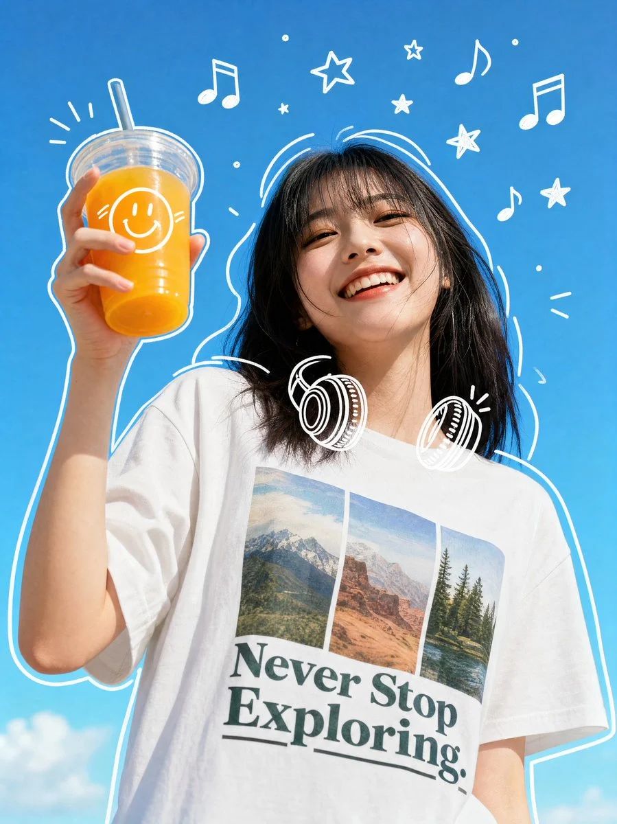 A joyful young woman with dark hair smiling against a blue sky, holding a cup of orange juice with a smiley face doodle, surrounded by whimsical white digital doodles and glowing motion outlines, creating a playful orange juice doodle portrait.